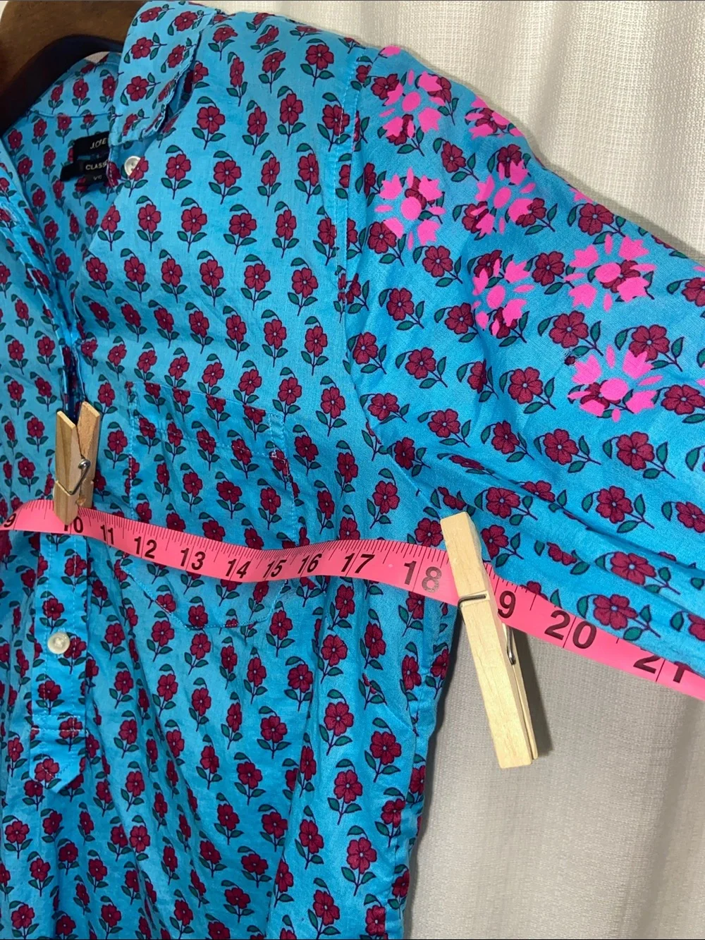 J. Crew Lightweight Cotton Turquoise Button-Down Shirt with Pink Floral Print
